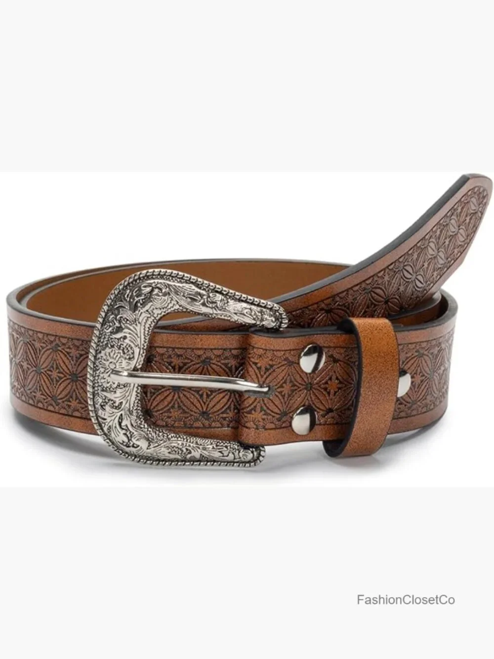 Western Cowgirl PU Leather Belt with Vintage Carved Buckle for Jeans